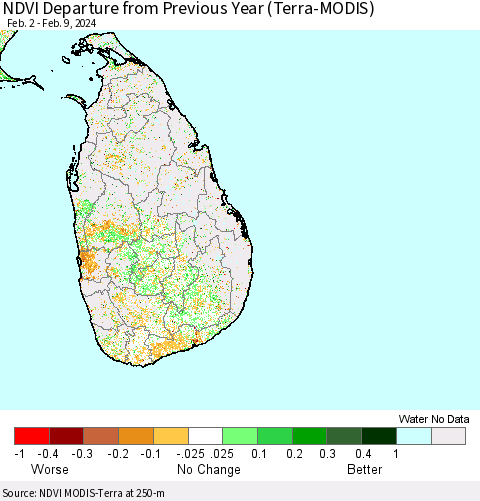 Sri Lanka NDVI Departure from Previous Year (Terra-MODIS) Thematic Map For 2/2/2024 - 2/9/2024