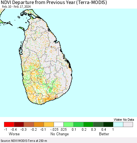 Sri Lanka NDVI Departure from Previous Year (Terra-MODIS) Thematic Map For 2/10/2024 - 2/17/2024
