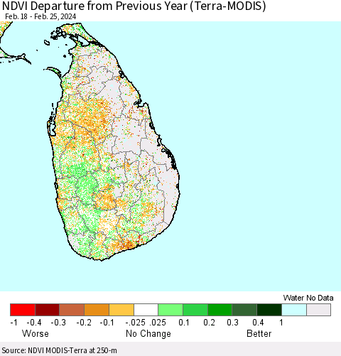 Sri Lanka NDVI Departure from Previous Year (Terra-MODIS) Thematic Map For 2/18/2024 - 2/25/2024