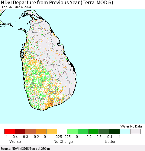 Sri Lanka NDVI Departure from Previous Year (Terra-MODIS) Thematic Map For 2/26/2024 - 3/4/2024
