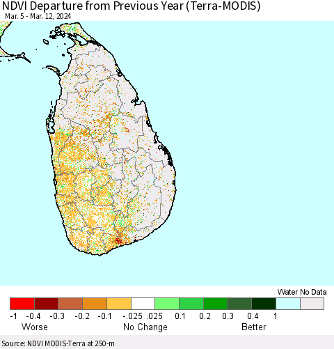 Sri Lanka NDVI Departure from Previous Year (Terra-MODIS) Thematic Map For 3/5/2024 - 3/12/2024