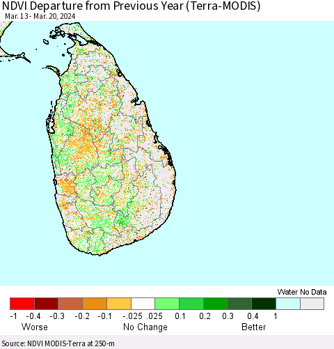Sri Lanka NDVI Departure from Previous Year (Terra-MODIS) Thematic Map For 3/13/2024 - 3/20/2024