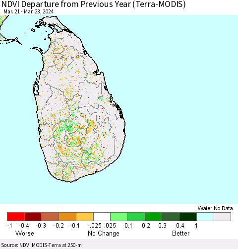 Sri Lanka NDVI Departure from Previous Year (Terra-MODIS) Thematic Map For 3/21/2024 - 3/28/2024