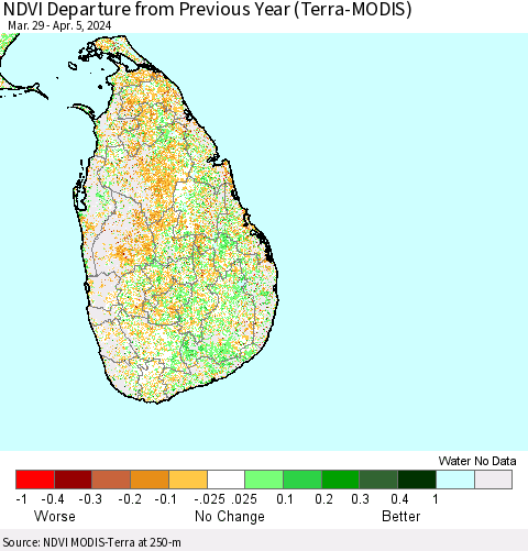 Sri Lanka NDVI Departure from Previous Year (Terra-MODIS) Thematic Map For 3/29/2024 - 4/5/2024