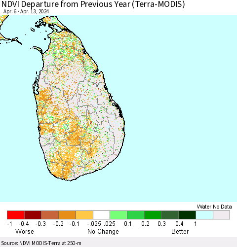 Sri Lanka NDVI Departure from Previous Year (Terra-MODIS) Thematic Map For 4/6/2024 - 4/13/2024