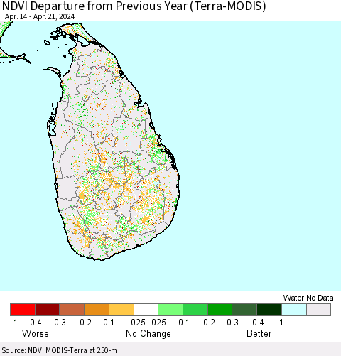 Sri Lanka NDVI Departure from Previous Year (Terra-MODIS) Thematic Map For 4/14/2024 - 4/21/2024