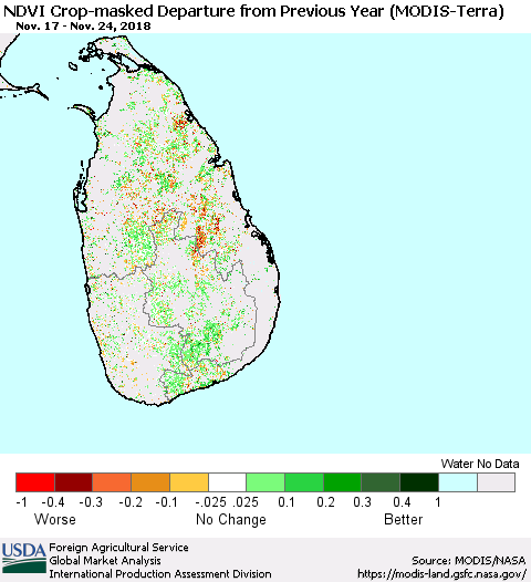 Sri Lanka Cropland NDVI Departure from Previous Year (Terra-MODIS) Thematic Map For 11/21/2018 - 11/30/2018