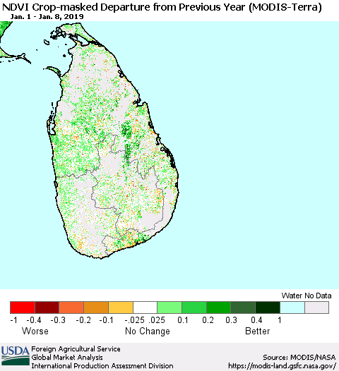 Sri Lanka Cropland NDVI Departure from Previous Year (Terra-MODIS) Thematic Map For 1/1/2019 - 1/10/2019