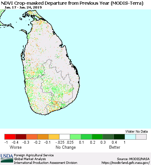 Sri Lanka NDVI Crop-masked Departure from Previous Year (MODIS-Terra) Thematic Map For 1/21/2019 - 1/31/2019