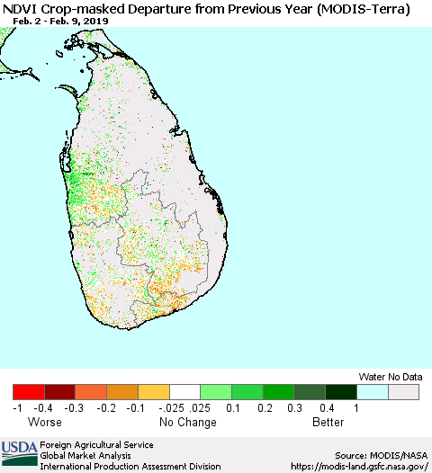 Sri Lanka NDVI Crop-masked Departure from Previous Year (MODIS-Terra) Thematic Map For 2/1/2019 - 2/10/2019