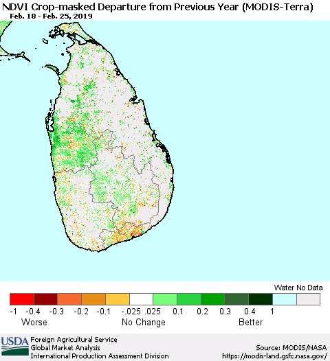 Sri Lanka NDVI Crop-masked Departure from Previous Year (MODIS-Terra) Thematic Map For 2/21/2019 - 2/28/2019