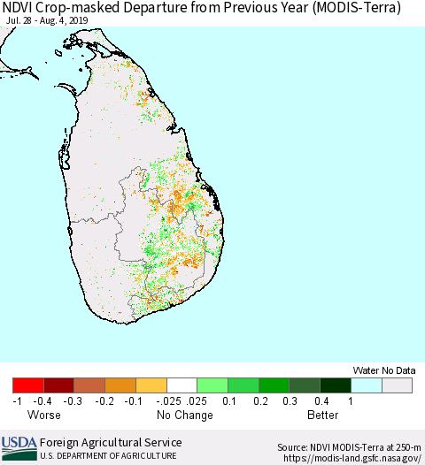 Sri Lanka Cropland NDVI Departure from Previous Year (Terra-MODIS) Thematic Map For 8/1/2019 - 8/10/2019