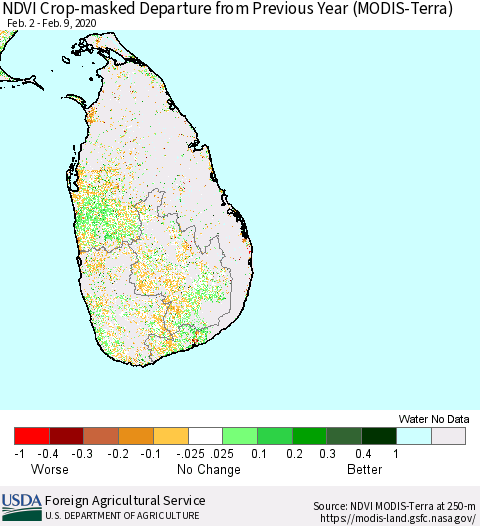 Sri Lanka Cropland NDVI Departure from Previous Year (Terra-MODIS) Thematic Map For 2/1/2020 - 2/10/2020