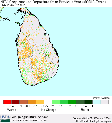 Sri Lanka Cropland NDVI Departure from Previous Year (Terra-MODIS) Thematic Map For 2/11/2020 - 2/20/2020