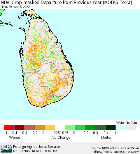 Sri Lanka Cropland NDVI Departure from Previous Year (Terra-MODIS) Thematic Map For 4/1/2020 - 4/10/2020