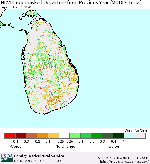 Sri Lanka Cropland NDVI Departure from Previous Year (Terra-MODIS) Thematic Map For 4/11/2020 - 4/20/2020