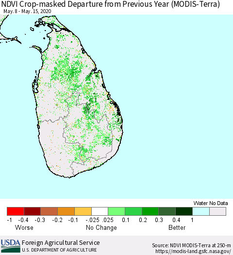 Sri Lanka Cropland NDVI Departure from Previous Year (Terra-MODIS) Thematic Map For 5/11/2020 - 5/20/2020
