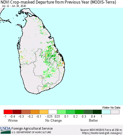 Sri Lanka Cropland NDVI Departure from Previous Year (Terra-MODIS) Thematic Map For 7/11/2020 - 7/20/2020