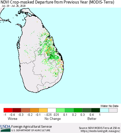Sri Lanka Cropland NDVI Departure from Previous Year (Terra-MODIS) Thematic Map For 7/21/2020 - 7/31/2020