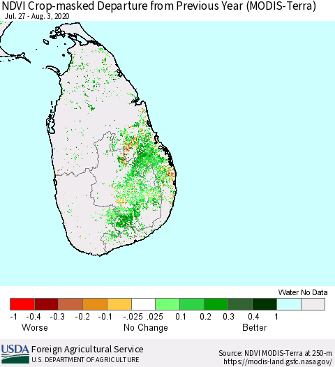 Sri Lanka Cropland NDVI Departure from Previous Year (Terra-MODIS) Thematic Map For 8/1/2020 - 8/10/2020