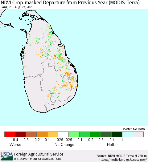 Sri Lanka Cropland NDVI Departure from Previous Year (Terra-MODIS) Thematic Map For 8/21/2020 - 8/31/2020