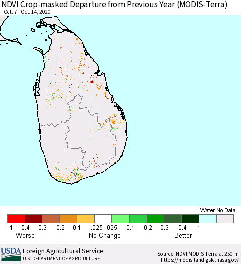 Sri Lanka Cropland NDVI Departure from Previous Year (Terra-MODIS) Thematic Map For 10/11/2020 - 10/20/2020
