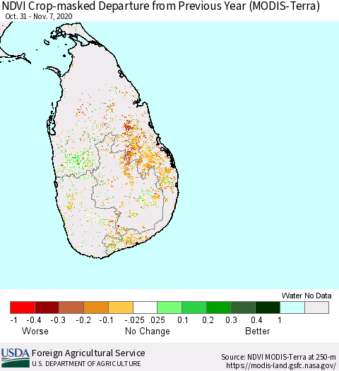 Sri Lanka NDVI Crop-masked Departure from Previous Year (MODIS-Terra) Thematic Map For 11/1/2020 - 11/10/2020