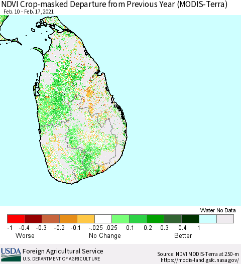 Sri Lanka NDVI Crop-masked Departure from Previous Year (MODIS-Terra) Thematic Map For 2/11/2021 - 2/20/2021