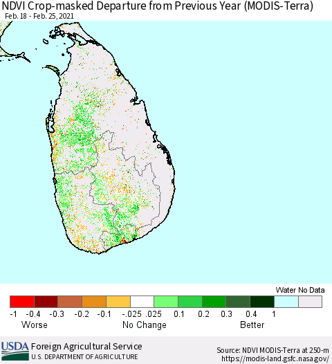 Sri Lanka Cropland NDVI Departure from Previous Year (Terra-MODIS) Thematic Map For 2/21/2021 - 2/28/2021