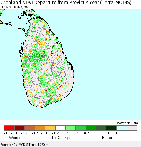 Sri Lanka Cropland NDVI Departure from Previous Year (Terra-MODIS) Thematic Map For 2/26/2021 - 3/5/2021