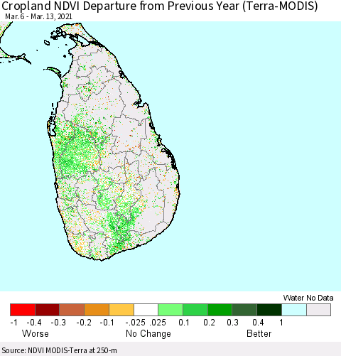 Sri Lanka Cropland NDVI Departure from Previous Year (Terra-MODIS) Thematic Map For 3/6/2021 - 3/13/2021