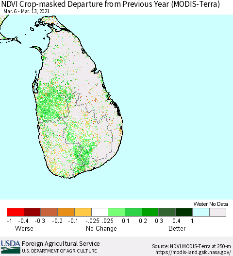 Sri Lanka NDVI Crop-masked Departure from Previous Year (MODIS-Terra) Thematic Map For 3/11/2021 - 3/20/2021