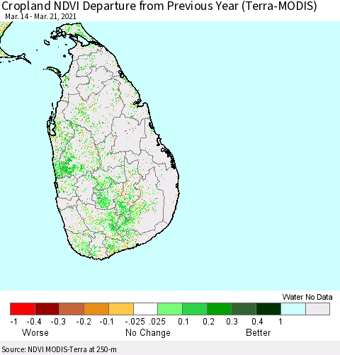 Sri Lanka Cropland NDVI Departure from Previous Year (Terra-MODIS) Thematic Map For 3/14/2021 - 3/21/2021