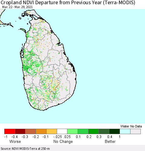 Sri Lanka Cropland NDVI Departure from Previous Year (Terra-MODIS) Thematic Map For 3/22/2021 - 3/29/2021