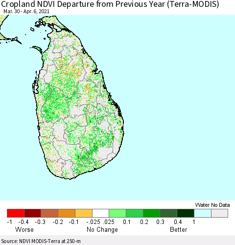 Sri Lanka Cropland NDVI Departure from Previous Year (Terra-MODIS) Thematic Map For 3/30/2021 - 4/6/2021