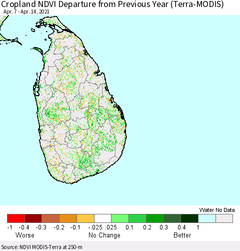 Sri Lanka Cropland NDVI Departure from Previous Year (Terra-MODIS) Thematic Map For 4/7/2021 - 4/14/2021