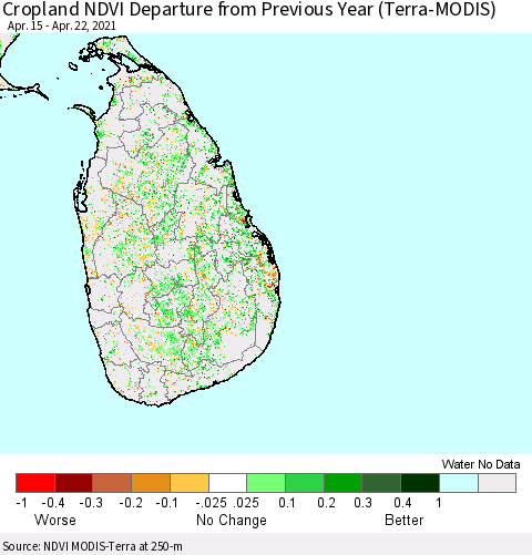 Sri Lanka Cropland NDVI Departure from Previous Year (Terra-MODIS) Thematic Map For 4/15/2021 - 4/22/2021