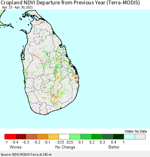 Sri Lanka NDVI Crop-masked Departure from Previous Year (MODIS-Terra) Thematic Map For 4/21/2021 - 4/30/2021
