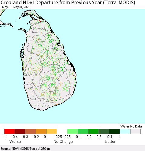Sri Lanka Cropland NDVI Departure from Previous Year (Terra-MODIS) Thematic Map For 5/1/2021 - 5/8/2021
