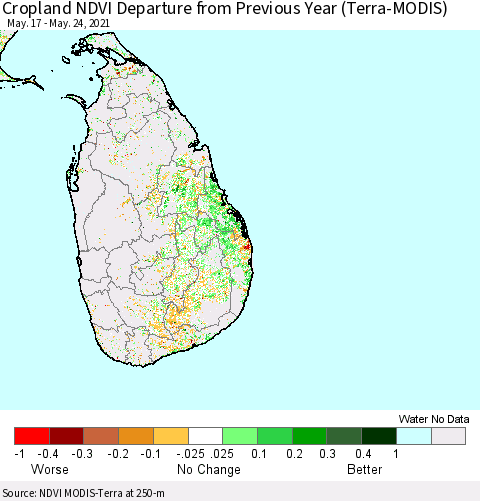 Sri Lanka Cropland NDVI Departure from Previous Year (Terra-MODIS) Thematic Map For 5/17/2021 - 5/24/2021