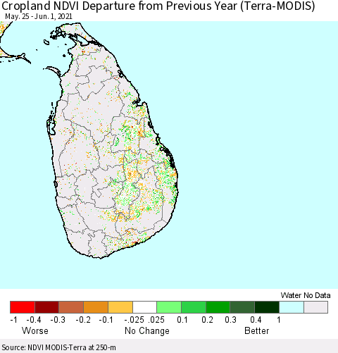 Sri Lanka Cropland NDVI Departure from Previous Year (Terra-MODIS) Thematic Map For 5/25/2021 - 6/1/2021