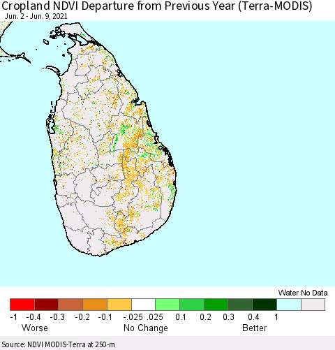 Sri Lanka Cropland NDVI Departure from Previous Year (Terra-MODIS) Thematic Map For 6/2/2021 - 6/9/2021