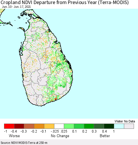 Sri Lanka Cropland NDVI Departure from Previous Year (Terra-MODIS) Thematic Map For 6/10/2021 - 6/17/2021