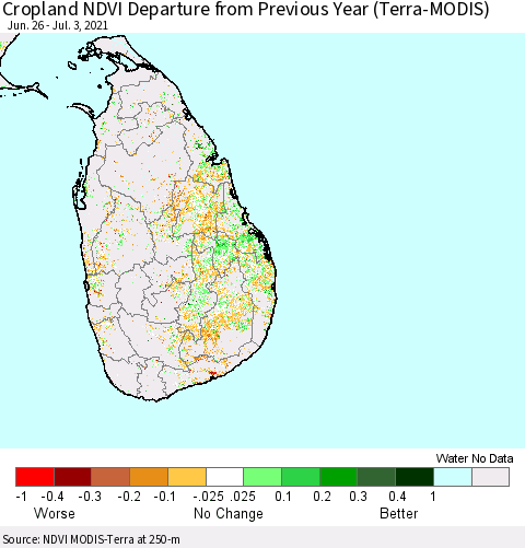 Sri Lanka Cropland NDVI Departure from Previous Year (Terra-MODIS) Thematic Map For 6/26/2021 - 7/3/2021