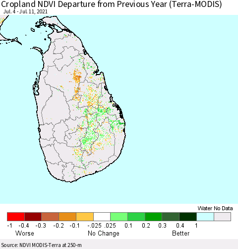 Sri Lanka Cropland NDVI Departure from Previous Year (Terra-MODIS) Thematic Map For 7/4/2021 - 7/11/2021