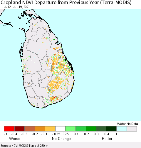 Sri Lanka Cropland NDVI Departure from Previous Year (Terra-MODIS) Thematic Map For 7/12/2021 - 7/19/2021