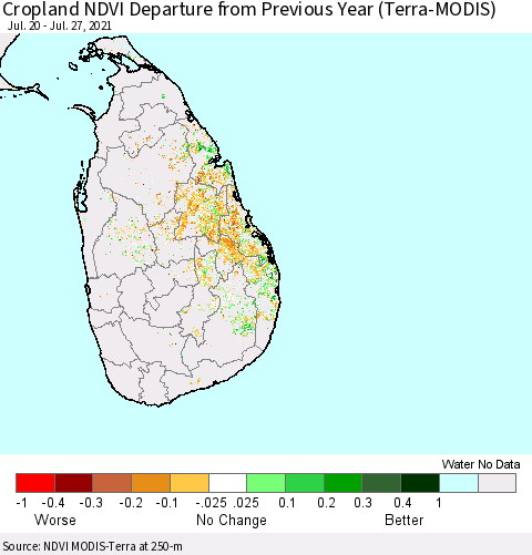 Sri Lanka Cropland NDVI Departure from Previous Year (Terra-MODIS) Thematic Map For 7/20/2021 - 7/27/2021