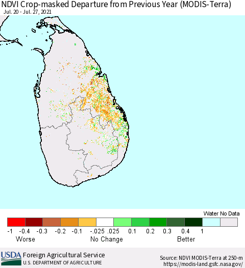 Sri Lanka Cropland NDVI Departure from Previous Year (Terra-MODIS) Thematic Map For 7/21/2021 - 7/31/2021