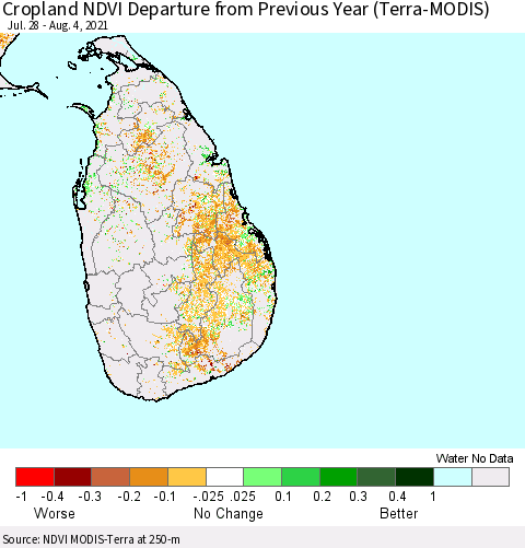 Sri Lanka Cropland NDVI Departure from Previous Year (Terra-MODIS) Thematic Map For 7/28/2021 - 8/4/2021