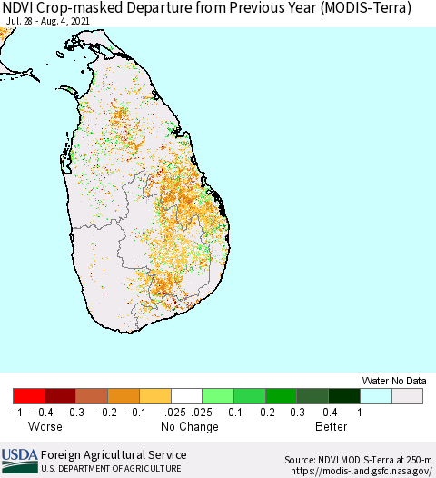 Sri Lanka Cropland NDVI Departure from Previous Year (Terra-MODIS) Thematic Map For 8/1/2021 - 8/10/2021